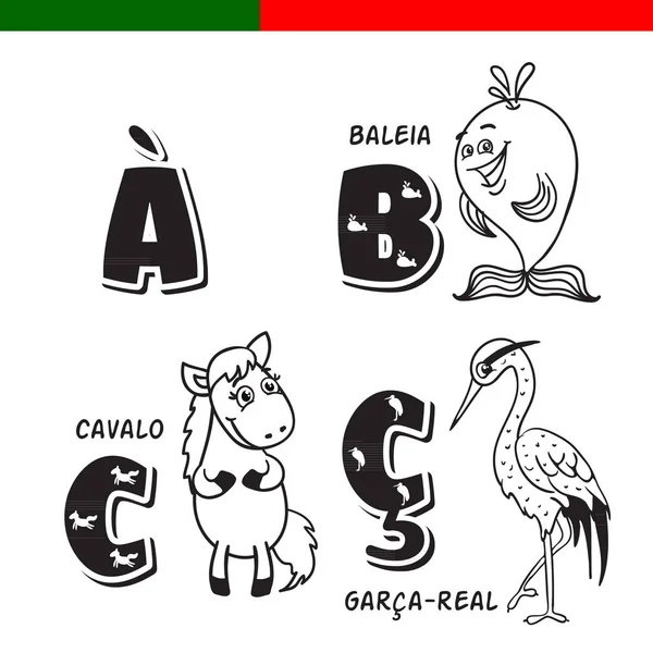Portugalská abeceda. Koně, heron, velryba. Písmena a znaky. — Stockový vektor