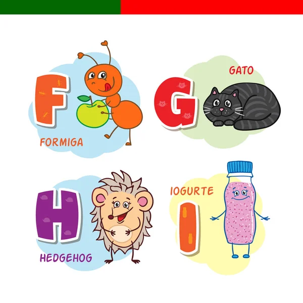 Alphabet portugais. Fourmi, chat, hérisson, yaourt. Les lettres et les caractères . — Image vectorielle