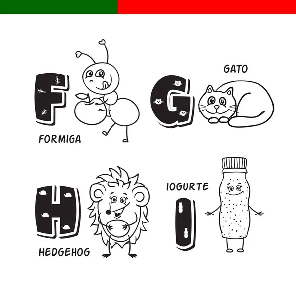 Portekizce alfabe. Karınca, kedi, kirpi, yoğurt. Harf ve karakter.