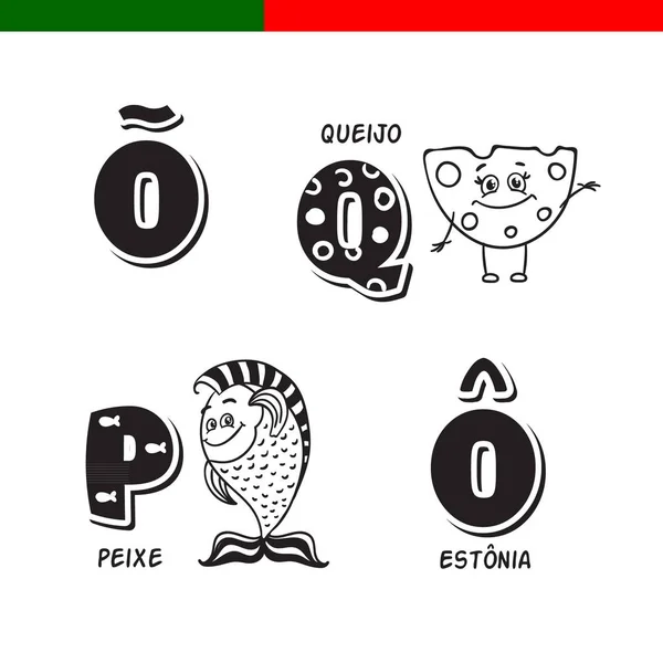 Portugiesisches Alphabet. Fisch, Käse. die Buchstaben und Zeichen. — Stockvektor
