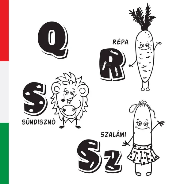 Macar alfabesi. Havuç, kirpi, salam. Vektör harf ve karakter.