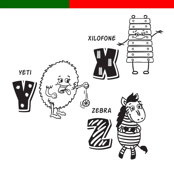 Alfabet portugalski. Ksylofon, Yeti, zebra. Liter i znaków. Ilustracja Stockowa