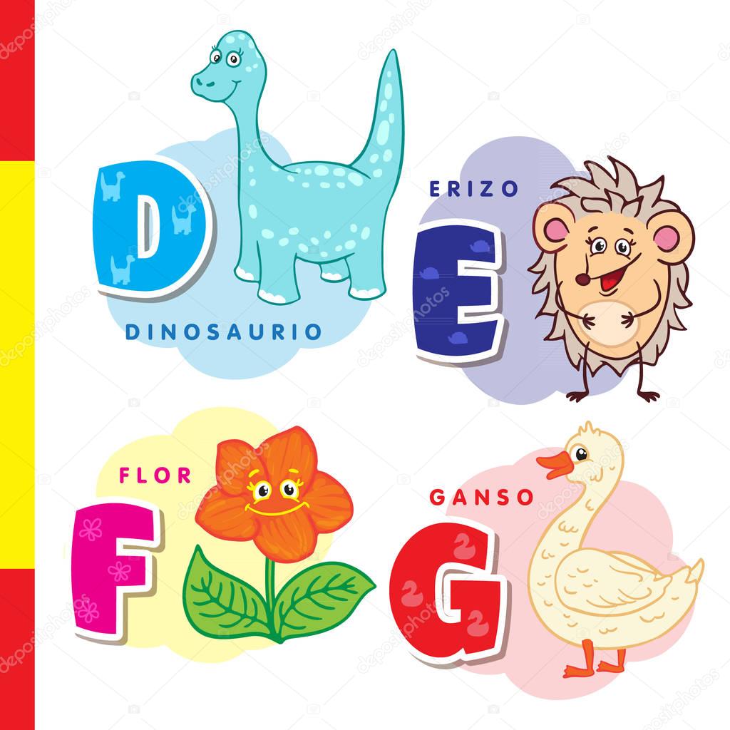 Spanish alphabet. Dinosaur, hedgehog, flower, goose. Vector letters and characters.