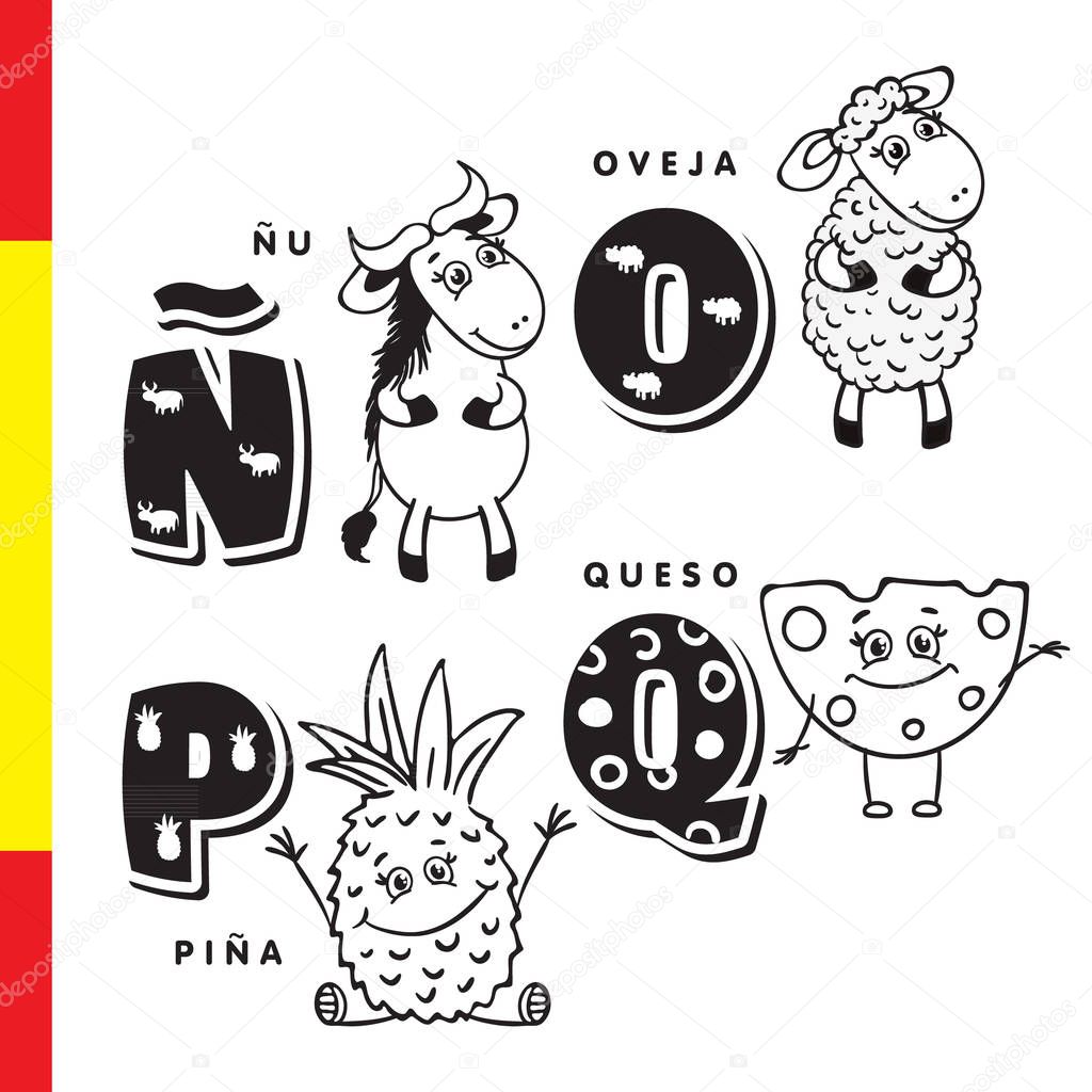 Spanish alphabet. Wildebeest, sheep, pineapple, cheese. Vector letters and characters.