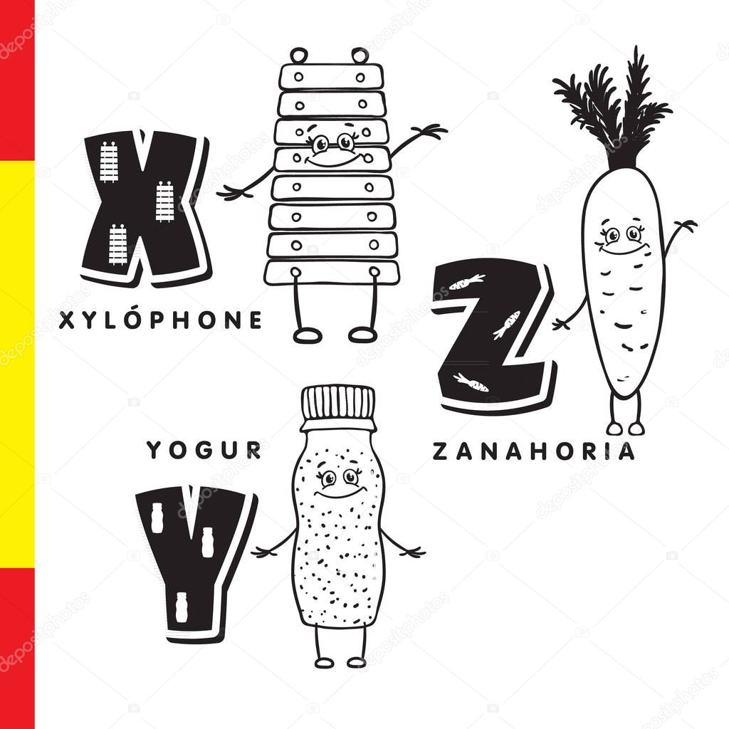 Spanish alphabet. Xylophone, carrots, yogurt. Vector letters and characters.