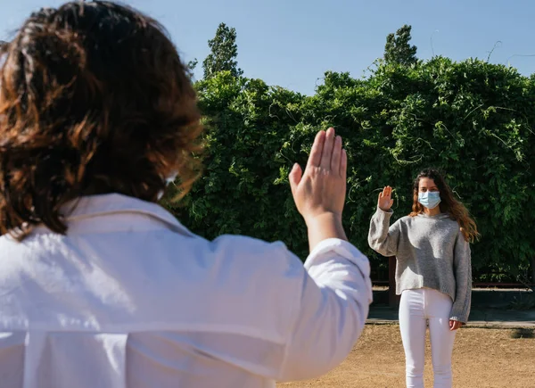 Sosyal mesafe. İki komşu güvenli mesafeyi korurken parkta yürüyüp birbirlerini selamlıyorlar. Daha çok koruyucu bir kaplamayla konuşuyorlar. Salgın. Taç giyme töreni virüsü cihazları. Coronavirüs.