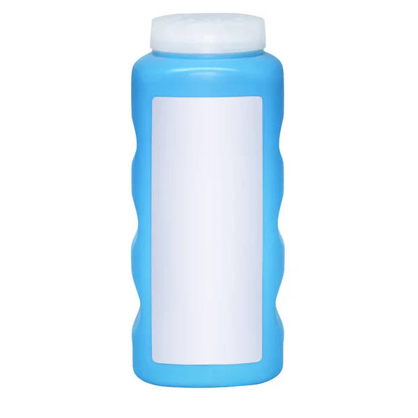 Niebieska Plastikowa Butelka Czystą Etykietą Białym Tle — Zdjęcie stockowe