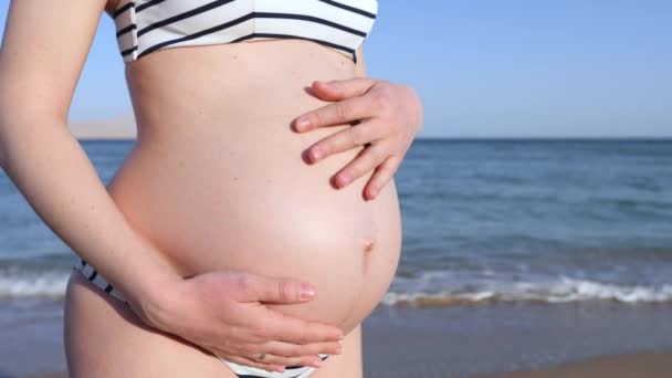 Hermosa embarazada mujer en un playa tocando su vientre — Vídeos de Stock