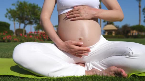 Buon concetto di gravidanza sana. Donna incinta che fa yoga all'aperto . — Video Stock