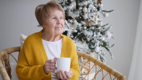 Positive Senior Woman With Cup Of Tea Spending Christmas Holidays At Home. — Stock Video