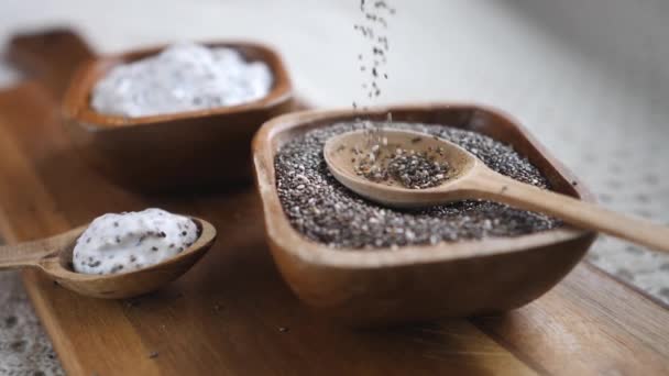 Superfood Chia Seeds And Chia Pudding. Primer plano. . — Vídeos de Stock