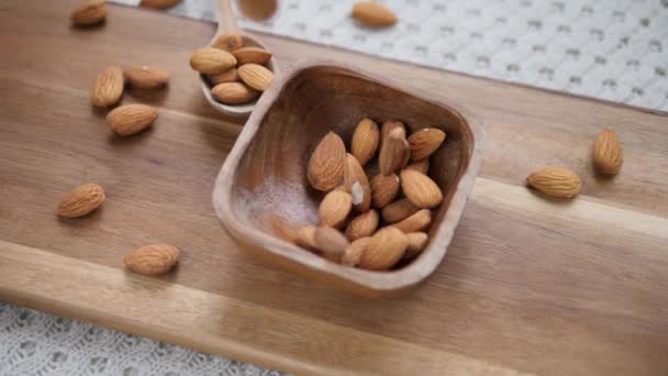 Healthy Food Concept. Almond Nuts In Wooden Bowl. Closeup. — Stock Video