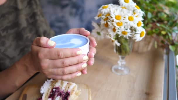 Las manos femeninas sosteniendo el café con leche Matcha azul de moda en el café moderno . — Vídeo de stock