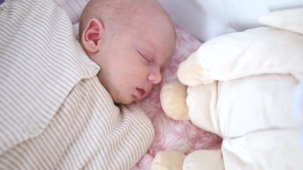 Little Baby Sleeping In Bed. Closeup. — Stock Video