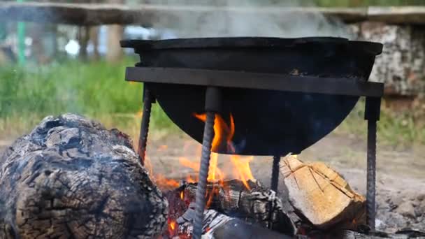 Cocinar comida en Wok Pan en fuego abierto en el campamento . — Vídeos de Stock