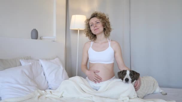 Leende gravid kvinna som slappnar av i sängen med sin hund. — Stockvideo