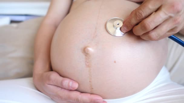 Primer plano del vientre de la mujer embarazada esperando un bebé. Visita al médico durante el embarazo . — Vídeos de Stock
