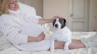 Samimi örülü süveter giyen hamile bir kadın köpekle yatakta yatıyor.