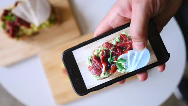 Technology, Food Blogging, Photography. Taking Picture Of Food With Cell Phone. — Stock Video