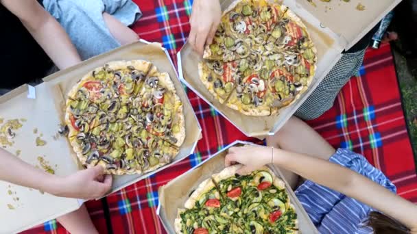 Vrienden die picknicken en een veganistische pizza eten. Bovenaanzicht. — Stockvideo