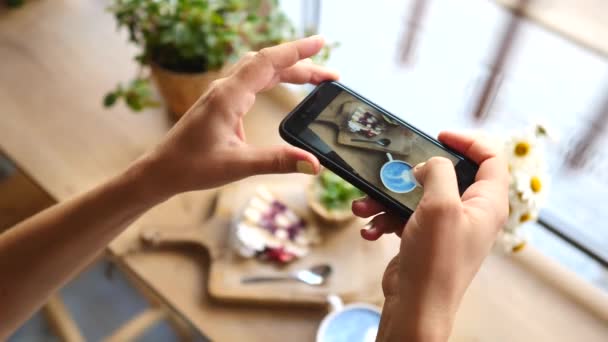 스마트폰을 들고 음식 사진을 찍고 있는 여성 손의 밀봉 사진. — 비디오