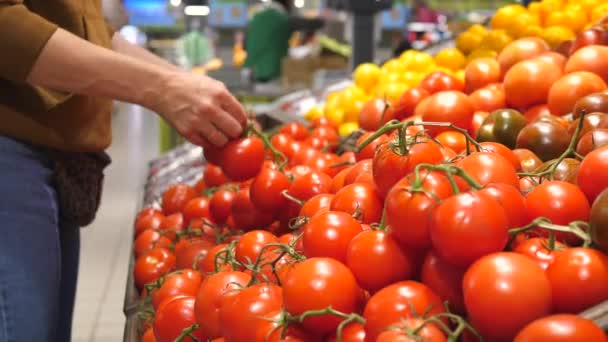 Mulher comprando tomates orgânicos frescos no supermercado, mão fechar . — Vídeo de Stock