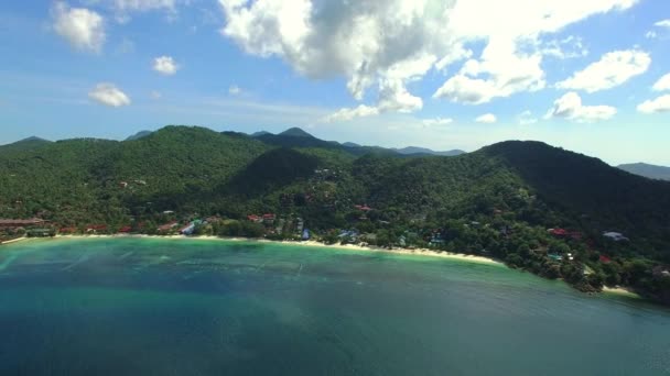 Вид с воздуха на тропический остров с песчаным пляжем и пальмами — стоковое видео