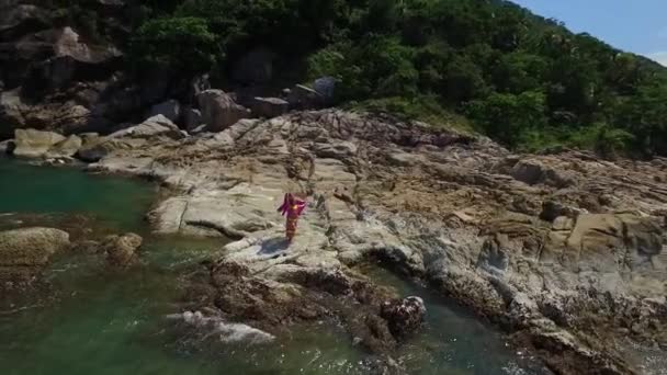 Aerial: Jovem mulher de vestido em pé no penhasco na costa do mar . — Vídeo de Stock