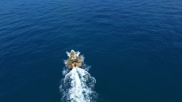 Loaded Poor Rustic Boat Sailing in Sea. Aerial. — Stock Video