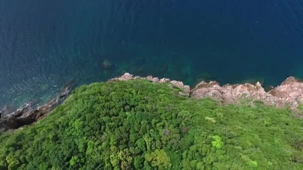 Latanie dronem nad skałami Zielonej Wyspy na morzu. Antena. — Wideo stockowe
