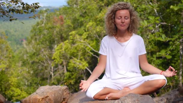 Mujer practicando meditación en la naturaleza en el parque. Concepto de estilo de vida saludable — Vídeos de Stock