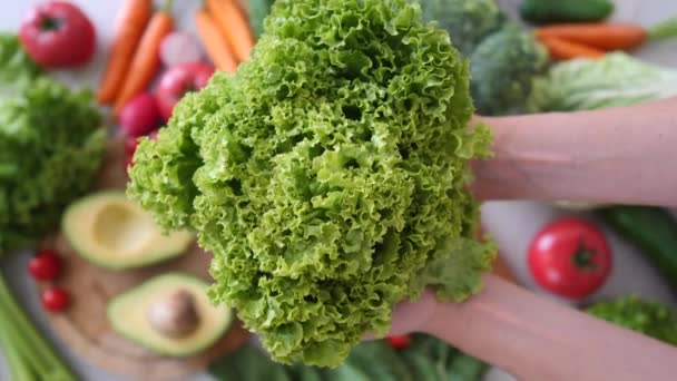Koncepcja zdrowej żywności ekologicznej. Zielona sałatka w rękach i dużo warzyw. — Wideo stockowe