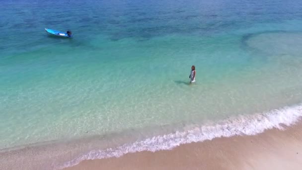 Sexig våt kvinna i vit klänning går i havet på stranden. Flygplan. — Stockvideo