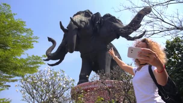 Vrouw reiziger nemen selfie met smartphone in het museum. — Stockvideo