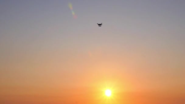 Drone quadcopter volando al atardecer — Vídeos de Stock