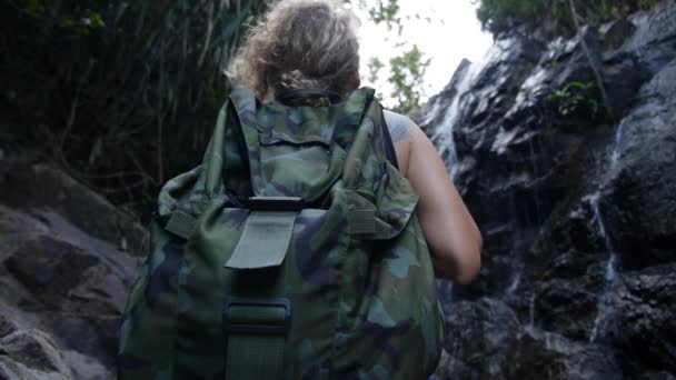 Wanderin mit Rucksack blickt auf Wasserfall — Stockvideo