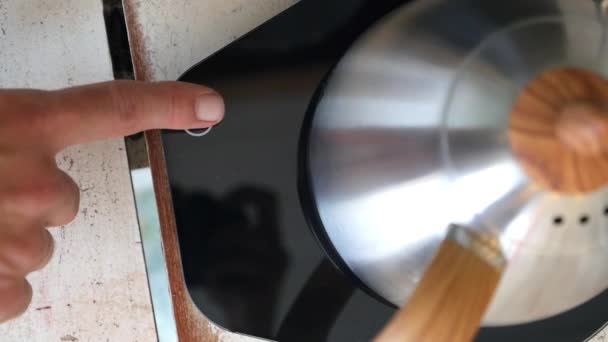 Closeup Of Finger Presses the Button on Coffee Machine — Stock Video