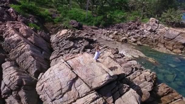 Young Woman Meditate on Top of Mountain in White Dress — Stock Video