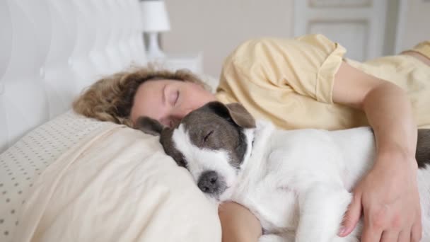 Young Woman Sleeping With Her Pet Dog In Bed — Stock Video