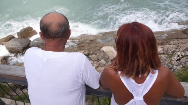 Sénior homem e mulher casal olhando para o mar — Vídeo de Stock