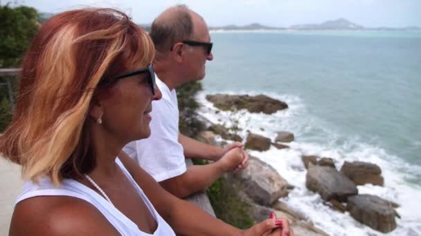 Пара средних лет, смотрящая на море — стоковое видео