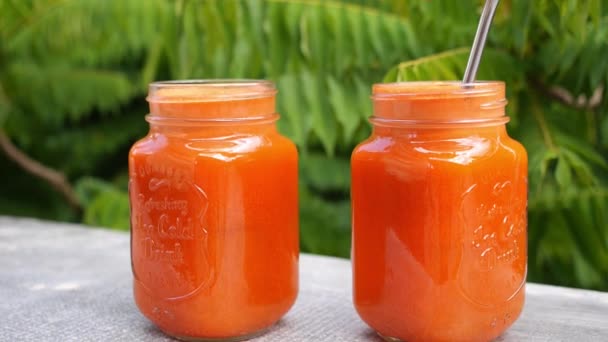 Δύο γυάλινα βάζα με φρέσκο χυμό καρότου. Υγιής τρόπος ζωής — Αρχείο Βίντεο