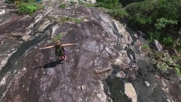 Cheering Woman Hiker Open Arms at Mountain Peak. Uplifting Inspiring Lifestyle Concept — Stock Video