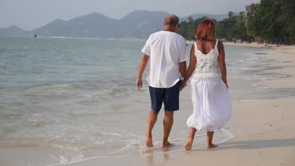 Pareja mayor en retiro caminando en la playa junto al mar. Moción lenta . — Vídeo de stock