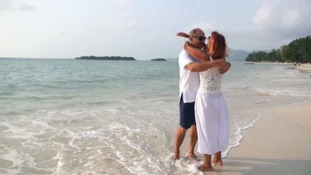 Heureux senior homme et femme couple étreinte sur plage — Video