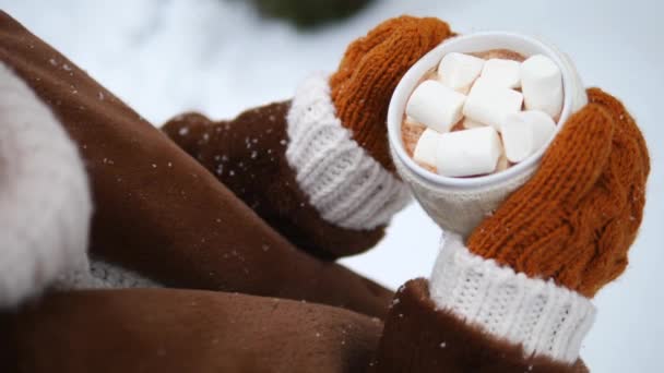 Mãos em luvas aconchegantes segurando chocolate quente na xícara com marshmallows . — Vídeo de Stock