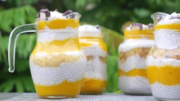 Gesunder Chiapudding mit Mango und Banane im Freien — Stockvideo