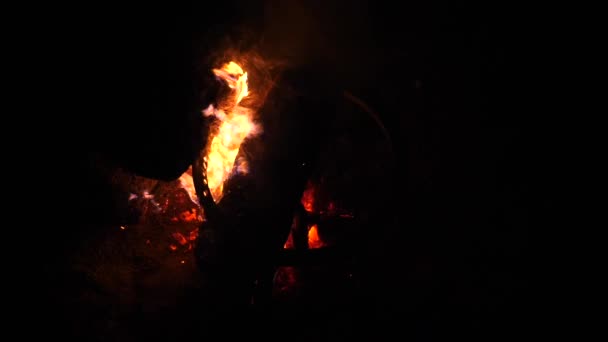 Fuego de campamento en la noche. Moción lenta . — Vídeo de stock