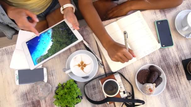 Hipster Desktop Top View With Female Hands Using Tablet and Drinking Coffee — ストック動画