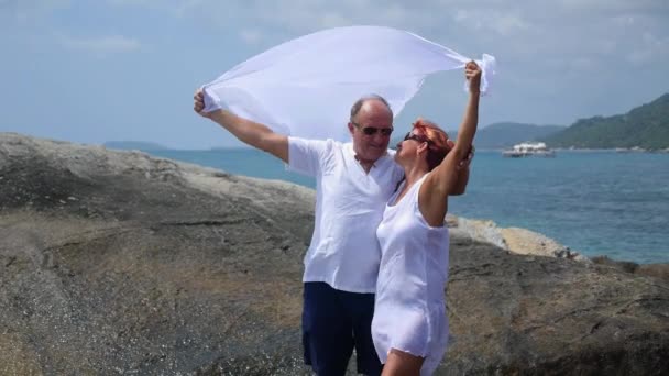Casal Sênior apaixonado pelo mar em férias de verão — Vídeo de Stock